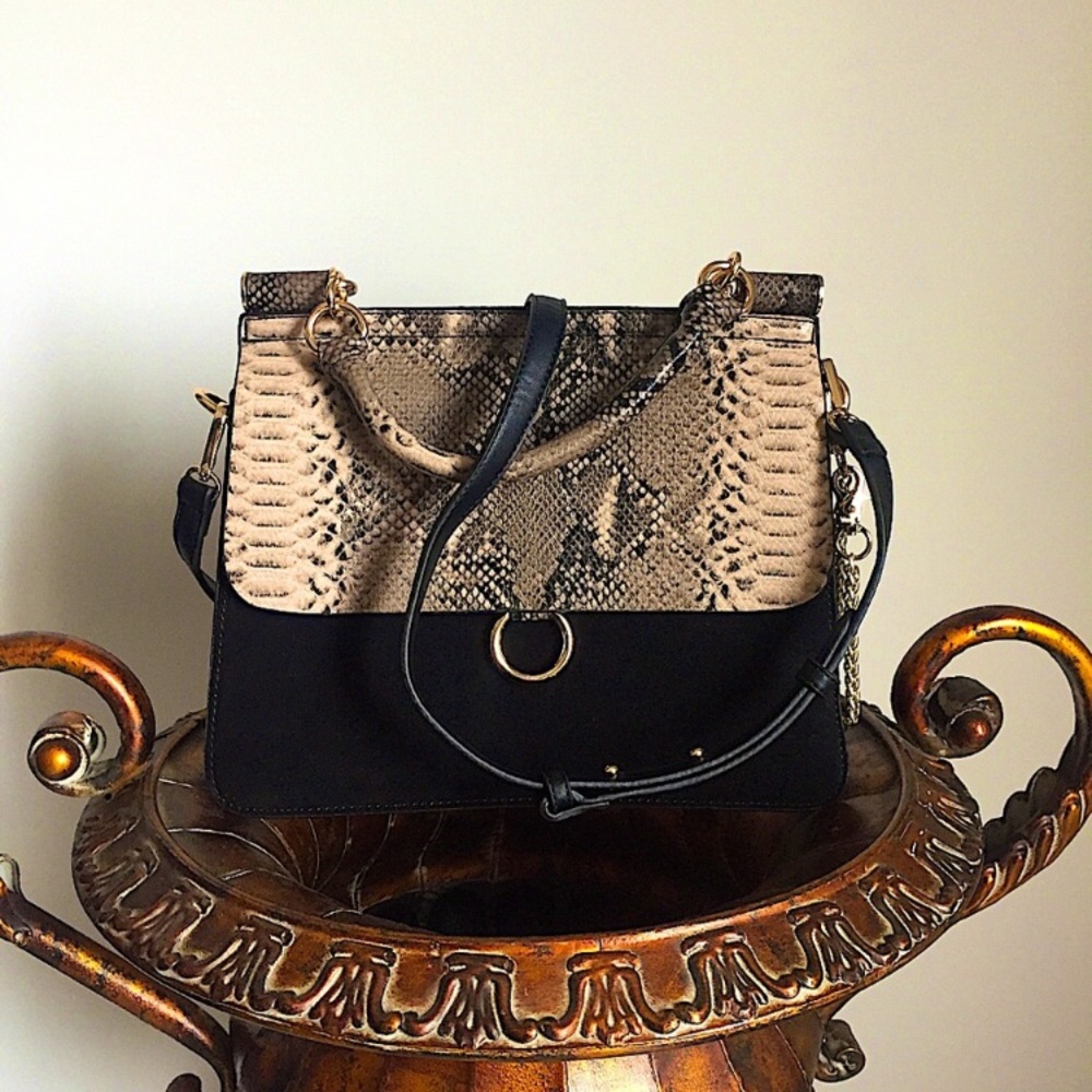 INZI Snake Skin Design Leather Gold Chain Velvet Handbag Clutch Tote Shoulder